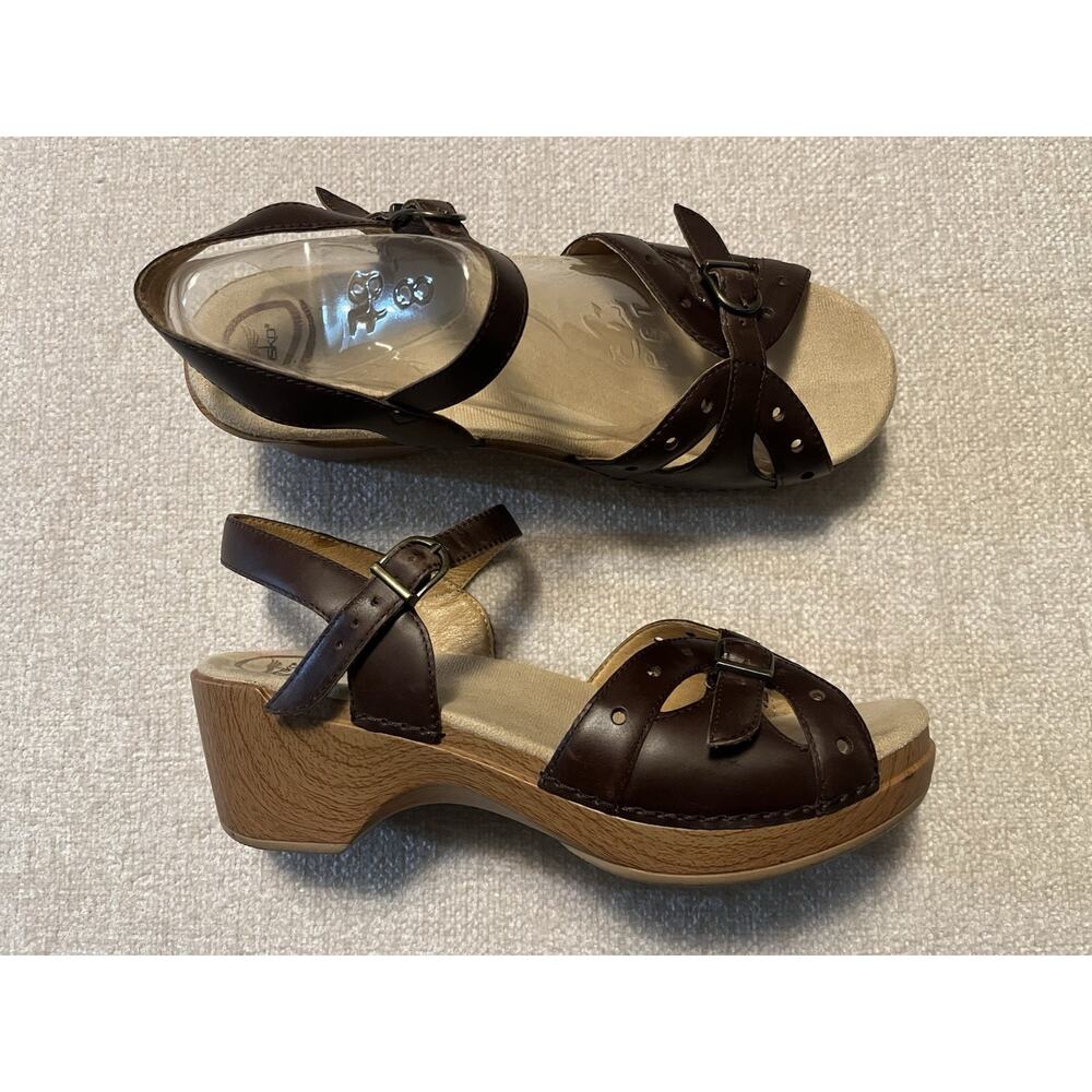 Dansko Brown Leather Sandal Chunky Platform Heel Comfy Sissy Wedge Sz 40 9.5-10